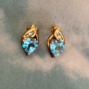 10k Gold Heart Shaped Blue Topaz & Diamond Accent Earrings